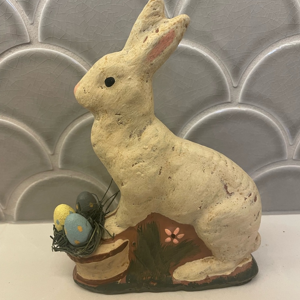 Vintage 1990's Plaster Ceramic Easter Bunny Rabbit with Basket from Pier One